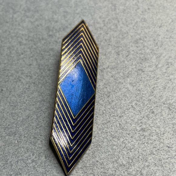 Isle Of Skye Navy Blue & Gold Tone Geometric Bar Brooch Pin 80’s Flair - Picture 2 of 5
